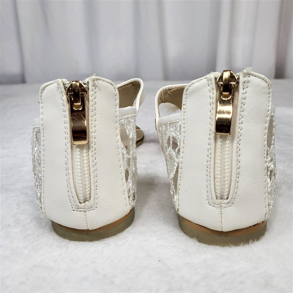 SilverDew White Summer Sandals Faux Fur Pom Poms - Picture 5 of 9